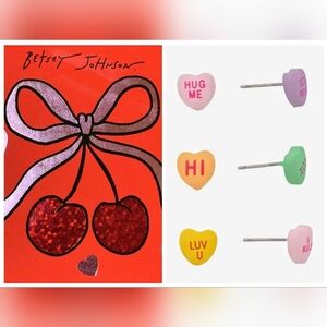 Betsey Johnson Sweetheart Conversation Heart Stud Earrings Set Of 3